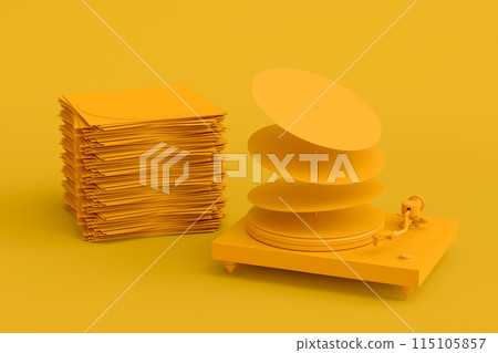 Set of Hi-fi speakers and DJ turntable with vinyl LP record on heap of covers Set of Hi-fi speakers and DJ turntable with vinyl LP record on heap of covers 115105857