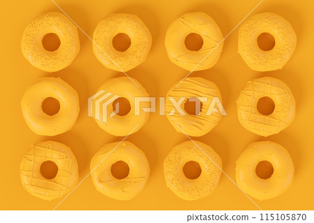 Isometric view of glazed donut with sprinkles on plain monochrome yellow color Isometric view of glazed donut with sprinkles on plain monochrome yellow color 115105870