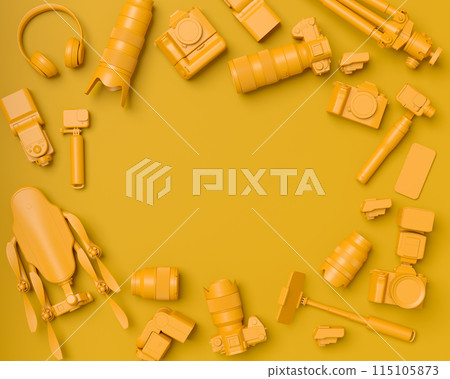 Top view of designer workspace and photography gear on monochrome table 115105873