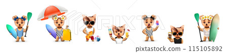 Funny cute dogs in swimming suit and sunglasses holding umbrella and beach ball 115105892