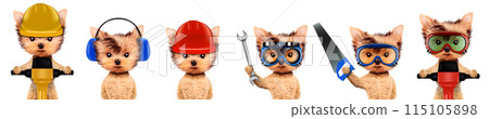 Funny dogs with carpenter tools like wrench, hammer and headphones 115105898