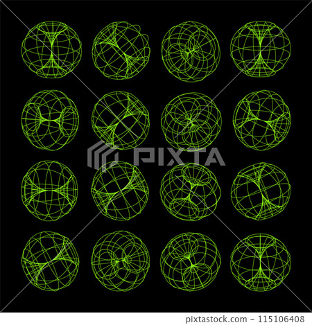 Wireframe lined shapes. Perspective mesh, 3d grid. Low poly geometric elements. Retro futuristic design elements, y2k, vaporwave and synthwave style. Vector illustration Wireframe lined shapes. Perspective mesh, 3d grid. Low poly geometric elements. Retro futuristic design elements, y2k, vaporwave and synthwave style. Vector illustration 115106408