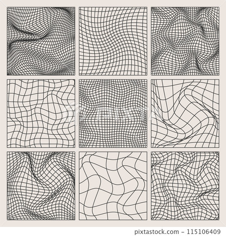 Wireframe shapes, lined perspective mesh, 3d grid. Low poly geometric elements. Retro futuristic design elements, y2k, vaporwave and synthwave style. Vector illustration 115106409