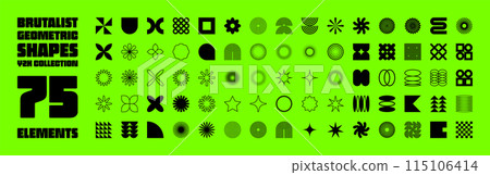 Brutalist geometric shapes, symbols. Simple primitive elements and forms. Retro design, trendy contemporary minimalist style, y2k. Vector illustration Brutalist geometric shapes, symbols. Simple primitive elements and forms. Retro design, trendy contemporary minimalist style, y2k. Vector illustration 115106414