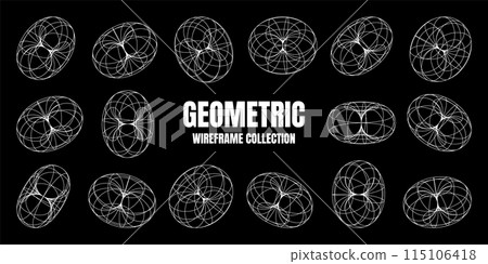 Wireframe shapes, lined torus. Perspective mesh, 3d grid. Low poly geometric elements. Retro futuristic design elements, y2k, vaporwave and synthwave style. Vector illustration 115106418