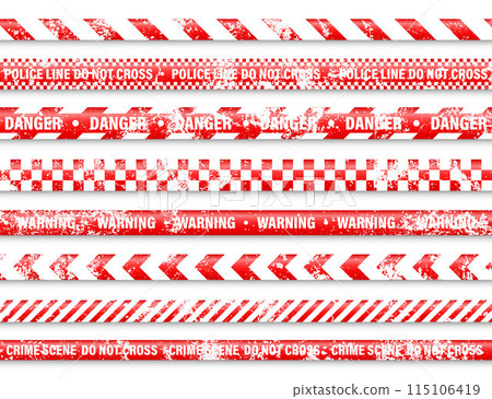 Old grunge barricade construction tape. Red police warning line, brightly colored danger or hazard stripe, ribbon. Restricted area, zone. Attention symbol. Vector illustration Old grunge barricade construction tape. Red police warning line, brightly colored danger or hazard stripe, ribbon. Restricted area, zone. Attention symbol. Vector illustration 115106419