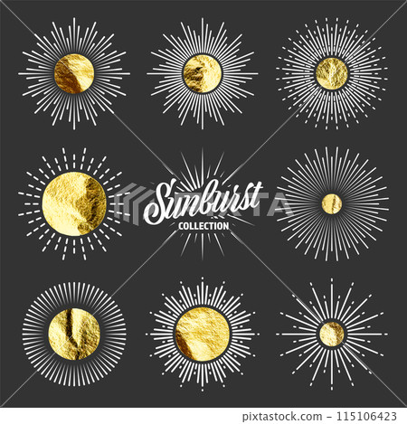 Vintage sunburst, sunset beams. Gold foil, shiny handmade circles. Golden glittering texture, pattern. Hand drawn bursting sun, light rays. Logotype or lettering, retro style. Vector illustration 115106423
