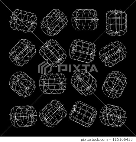 Wireframe lined shapes. Perspective mesh, 3d grid. Low poly geometric elements. Retro futuristic design elements, y2k, vaporwave and synthwave style. Vector illustration 115106433