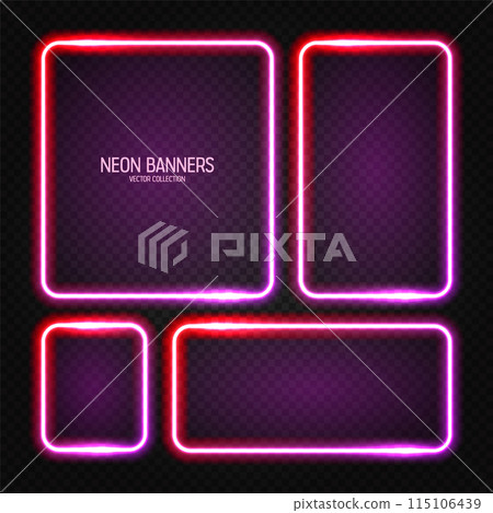 Glowing neon banners, illuminated colorful square frames. Shiny vibrant border, glow effect. Red vintage retro lights, night illumination. Modern futuristic UI design elements. Vector illustration Glowing neon banners, illuminated colorful square frames. Shiny vibrant border, glow effect. Red vintage retro lights, night illumination. Modern futuristic UI design elements. Vector illustration 115106439