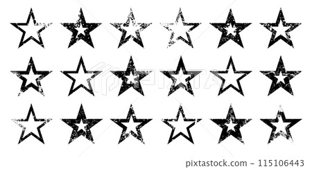 Vintage stars with cracks and stains. Old hand-drawn sign, black simple shape. Retro design element with distressed effect, grunge texture. Vector illustration Vintage stars with cracks and stains. Old hand-drawn sign, black simple shape. Retro design element with distressed effect, grunge texture. Vector illustration 115106443