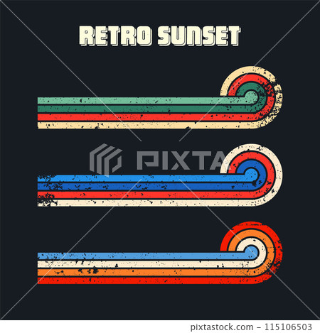 Grunge horizontal vintage sunsets. Various colorful striped sunrise badges in 80s and 90s style. Sun and ocean view, summer vibes, surfing. Design element, print, logo or t-shirt. Vector illustration 115106503