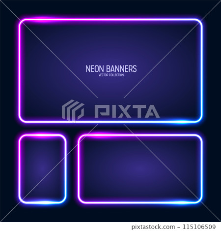 Glowing neon banners, illuminated colorful square frames. Shiny vibrant border, glow effect. Blue vintage retro lights, night illumination. Modern futuristic UI design elements. Vector illustration 115106509