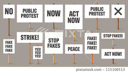 Blank white protest signs with text slogans on wooden holder. Various realistic vector demonstration banners. Strike action cardboard placard mockup. Social advertisement. Vector illustration Blank white protest signs with text slogans on wooden holder. Various realistic vector demonstration banners. Strike action cardboard placard mockup. Social advertisement. Vector illustration 115106513