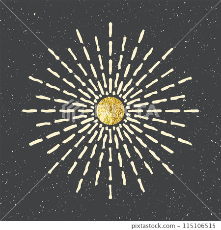 Vintage grunge sunburst sunset beams. Gold foil, shiny handmade circles. Golden glittering texture, pattern. Hand drawn bursting sun, light rays. Logotype, lettering, retro style. Vector illustration 115106515