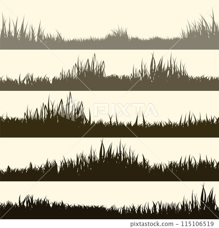 Meadow silhouettes with grass, plants on plain. Panoramic summer lawn landscape with herbs, various weeds. Herbal border, frame element. Brown horizontal banners. Vector illustration 115106519