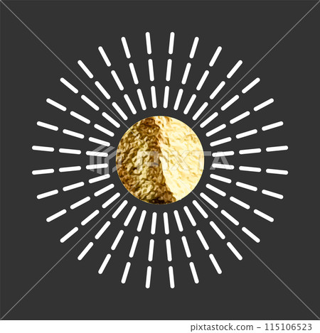 Vintage sunburst, sunset beams. Gold foil, shiny handmade circles. Golden glittering texture, pattern. Hand drawn bursting sun, light rays. Logotype or lettering, retro style. Vector illustration 115106523