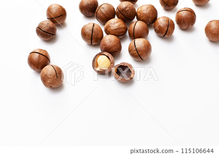 a scattering of macadamia nuts on a white background a scattering of macadamia nuts on a white background 115106644