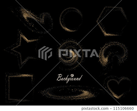 Isolated set of gold tone shapes with tinsel on black design 115106660