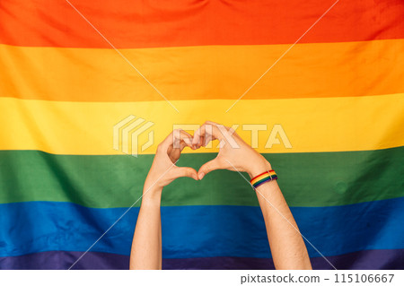 Hands showing heart and love against LGBT flag 115106667