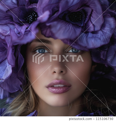 Portrait of a beautiful girl surrounded by purple flowers. Young stunning woman in purple 115106730