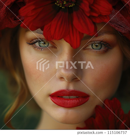 Portrait of a beautiful girl surrounded by red flowers. Young stunning woman in red 115106737