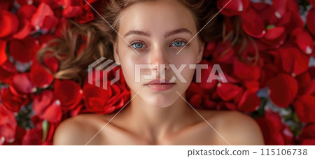 Portrait of a beautiful girl surrounded by red flowers. Young stunning woman in red 115106738
