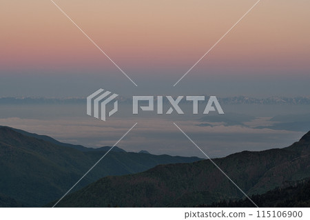 View of the Northern Alps and sea of clouds at dawn from Shiga Kogen View of the Northern Alps and sea of clouds at dawn from Shiga Kogen 115106900