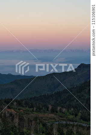 View of the Northern Alps and sea of clouds at dawn from Shiga Kogen View of the Northern Alps and sea of clouds at dawn from Shiga Kogen 115106901