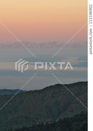 View of the Northern Alps and sea of clouds at dawn from Shiga Kogen View of the Northern Alps and sea of clouds at dawn from Shiga Kogen 115106902