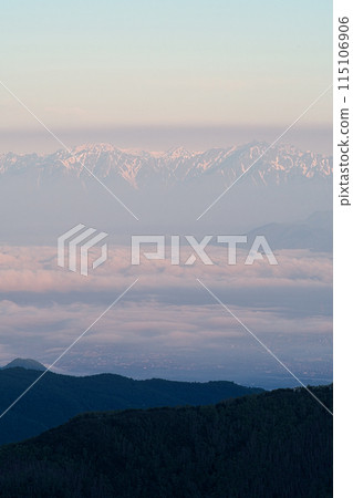 View of the Northern Alps and sea of clouds at dawn from Shiga Kogen View of the Northern Alps and sea of clouds at dawn from Shiga Kogen 115106906