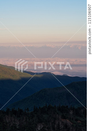 View of the Northern Alps and sea of clouds at dawn from Shiga Kogen View of the Northern Alps and sea of clouds at dawn from Shiga Kogen 115106907