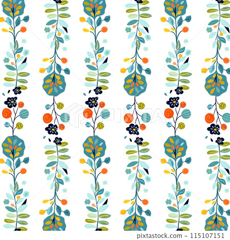 Seamless pattern featuring vertical stripes of decorative plants, flowers, and trees in folk art style on a white background. Ideal for textiles, wallpapers, and spring designs. Incorporates vibrant 115107151