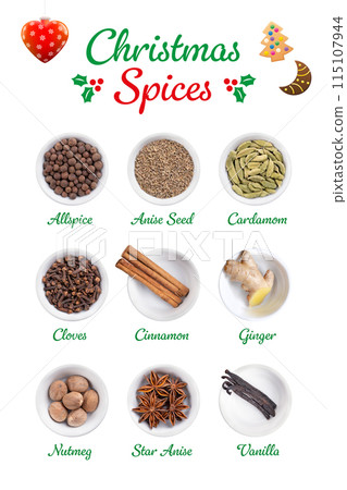 Christmas spices and the scents of winter holidays in white bowls, and with English labeling. Allspice, anise seed, cardamom, cloves, cinnamon bark, fresh ginger, nutmeg, star anise and vanilla pods. Christmas spices and the scents of winter holidays in white bowls, and with English labeling. Allspice, anise seed, cardamom, cloves, cinnamon bark, fresh ginger, nutmeg, star anise and vanilla pods. 115107944