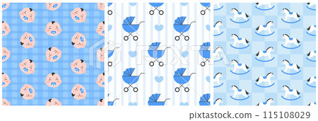Baby Seamless Pattern Design, A Set of Simple Decorative Elements in a Hand Drawn on Style Cartoon Flat Illustration Template Baby Seamless Pattern Design, A Set of Simple Decorative Elements in a Hand Drawn on Style Cartoon Flat Illustration Template 115108029