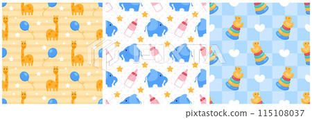 Baby Seamless Pattern Design, A Set of Simple Decorative Elements in a Hand Drawn on Style Cartoon Flat Illustration Template Baby Seamless Pattern Design, A Set of Simple Decorative Elements in a Hand Drawn on Style Cartoon Flat Illustration Template 115108037