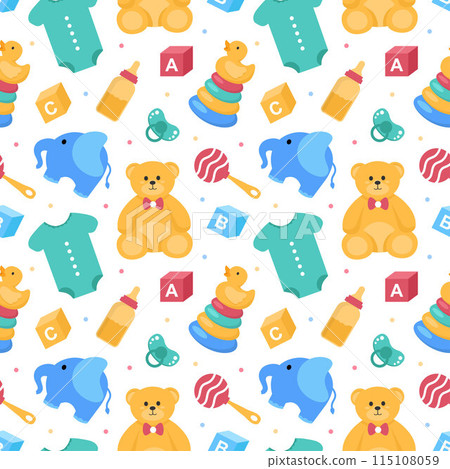 Baby Seamless Pattern Design, A Set of Simple Decorative Elements in a Hand Drawn on Style Cartoon Flat Illustration Template Baby Seamless Pattern Design, A Set of Simple Decorative Elements in a Hand Drawn on Style Cartoon Flat Illustration Template 115108059