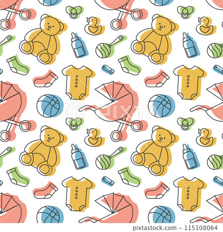 Baby Seamless Pattern Design, A Set of Simple Decorative Elements in a Hand Drawn on Style Cartoon Flat Illustration Template 115108064