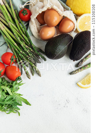 Fresh Vegetables and Eggs Arranged on a Light Surface for Healthy Cooking Fresh Vegetables and Eggs Arranged on a Light Surface for Healthy Cooking 115108108