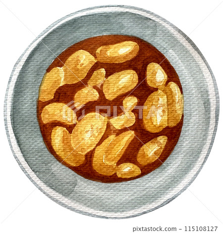 Watercolor beans baked in tomato sauce in plate illustration. English breakfast illustration. Watercolor beans baked in tomato sauce in plate illustration. English breakfast illustration. 115108127