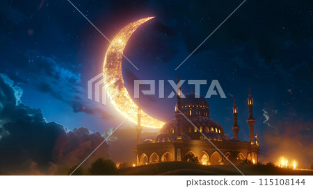 An illustration shows an amazing mosque with intricate architecture at night with star and moon. Spiritual value of mosque architecture in Muslim traditions. Generative AI. 115108144