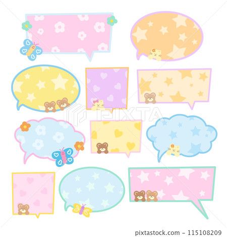 Pastel text bubbles with teddy bear, cat, butterfly, flower for cartoon, comic, marketing, communications, sticker, decoration, social media post, print, ad template, manga, messages, card, speech 115108209