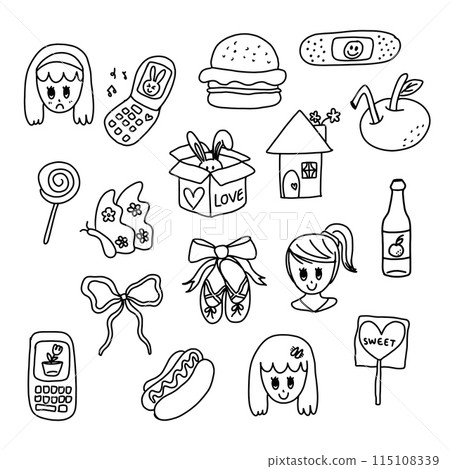 Hand drawn cute cartoon outlines of flip phone, ballerina shoes, orange juice, burger, hotdog, candy, home, butterfly, ribbon, parcel box with bunny for colouring book, sticker, tattoo, print, toy, ad 115108339