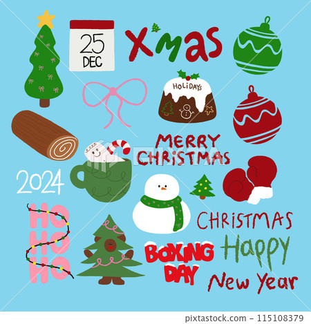Hand drawn Christmas elements in crayon such as snowman, Xmas tree, lights and ornaments, marshmallow hot chocolate drink, wood, calendar, winter chocolate cake, Boxing Day promotion, December icons 115108379