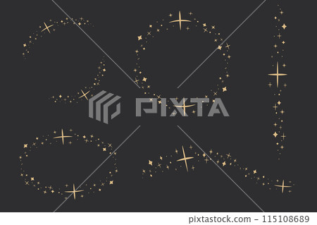 Gold star arch celestial, blink star mystic ornament frame, shiny minimal decoration, border on dark background. Shiny elements, starry and dots silhouettes. Comets stars and abstract constellations. 115108689