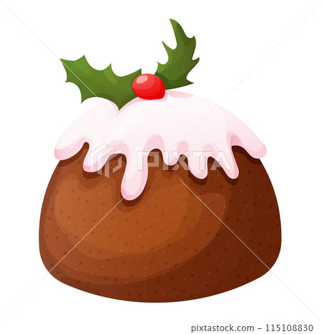 Traditional Pudding, Christmas cake winter dessert, pastry with cream, icing and decoration, textured and detailed isolated on white background. Traditional Pudding, Christmas cake winter dessert, pastry with cream, icing and decoration, textured and detailed isolated on white background. 115108830