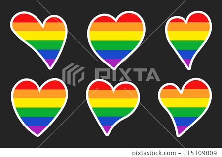 Set of stickers of rainbow hearts isolated on a dark background. Pride month stickers. Vector illustration Set of stickers of rainbow hearts isolated on a dark background. Pride month stickers. Vector illustration 115109009