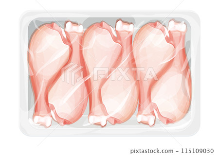 Chicken leg, raw drumstick top view in plastic tray, package with poultry in cartoon style isolated on white background. Bird meat uncoocked, ingredient design. 115109030