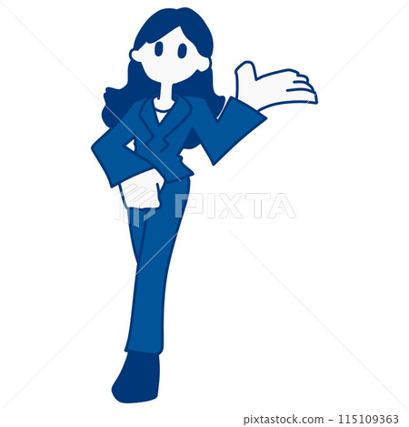 Illustration of a young woman in a suit giving directions 115109363