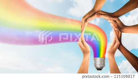 Symbols and shapes of light bulbs created by hand. Inspirational idea unity and creative team for creativity thinking together as a diverse group of people together. concept of idea 115109817