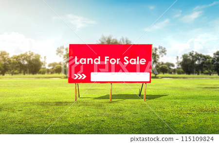 Land plot management - real estate concept with a vacant land on a green field available for building construction and housing subdivision in a residential area for sale, rent, buy or investment. Land plot management - real estate concept with a vacant land on a green field available for building construction and housing subdivision in a residential area for sale, rent, buy or investment. 115109824